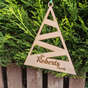 Personalised, engraved modern, triangular Christmas Tree family bauble