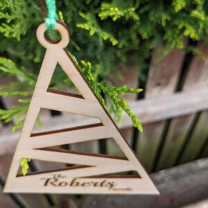 Personalised, engraved modern, triangular Christmas Tree family bauble