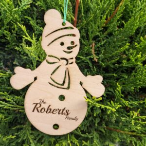 Personalised, engraved modern, snowman Christmas family bauble